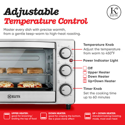 Kitchen Elite Compact Countertop Toaster Oven with Stainless Steel Tray, Silver