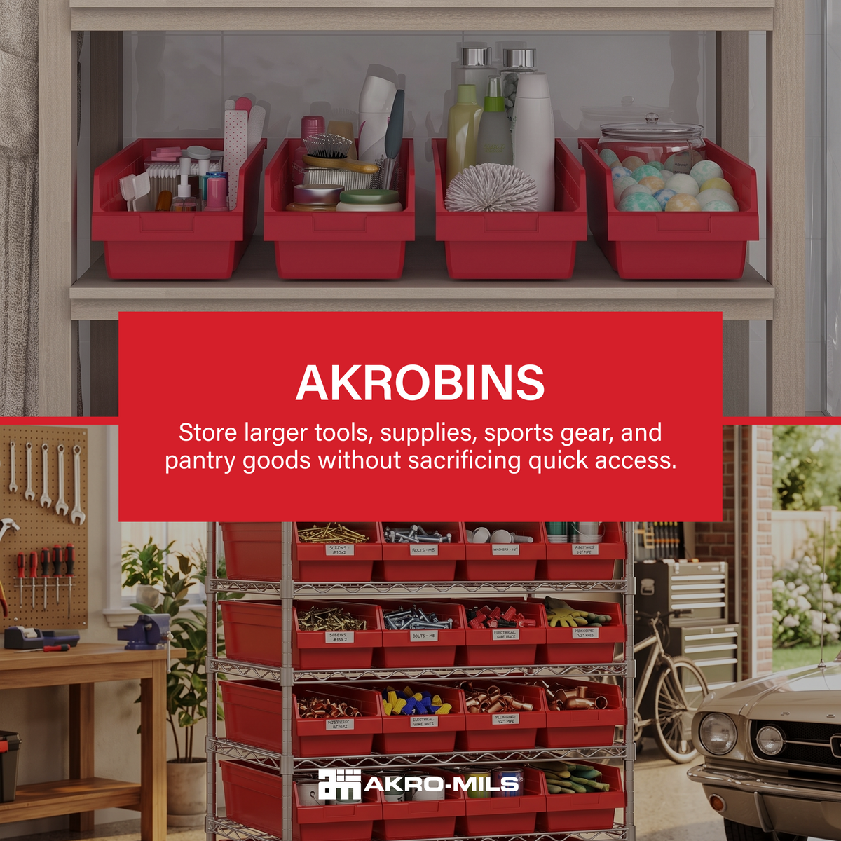 Akro-Mils 6 Pack AkroBins Plastic Storage Bins, Space-Saving Organizers, Red
