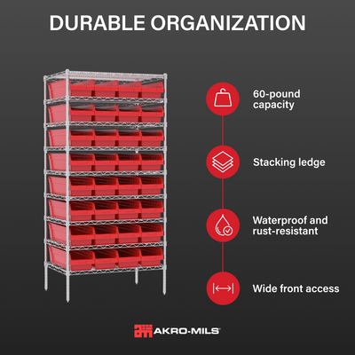 Akro-Mils 6 Pack AkroBins Plastic Storage Bins, Space-Saving Organizers, Red