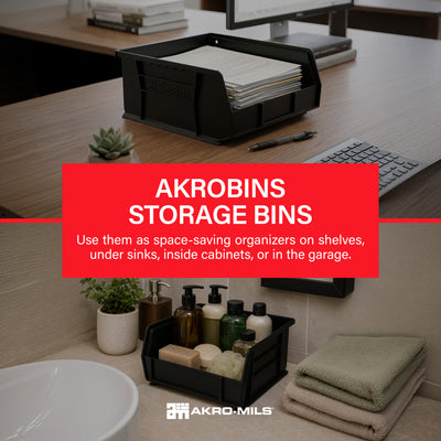 Akro-Mils 6 Pack AkroBins Plastic Storage Bins, Space-Saving Organizers, Black