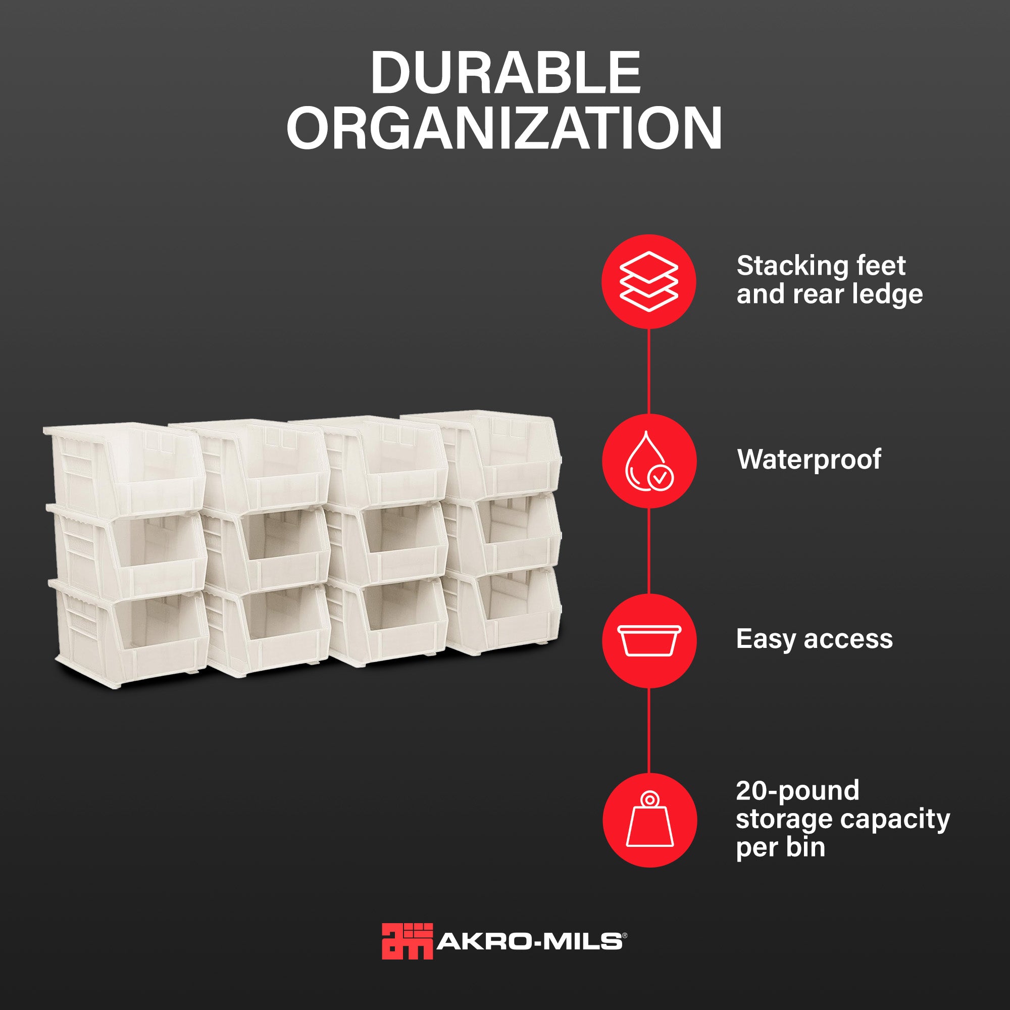 Akro-Mils 12 Pack AkroBins Plastic Storage Bins, Space-Saving Organizers, Stone - VMInnovations