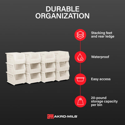Akro-Mils 12 Pack AkroBins Plastic Storage Bins, Space-Saving Organizers, Stone - VMInnovations
