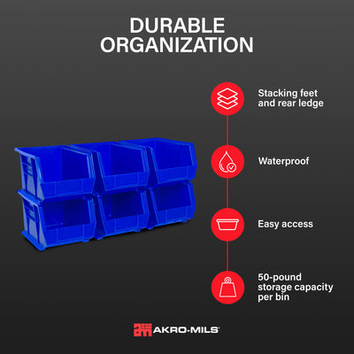 Akro-Mils 6 Pack AkroBins Plastic Storage Bins, Space-Saving Organizers, Blue - VMInnovations