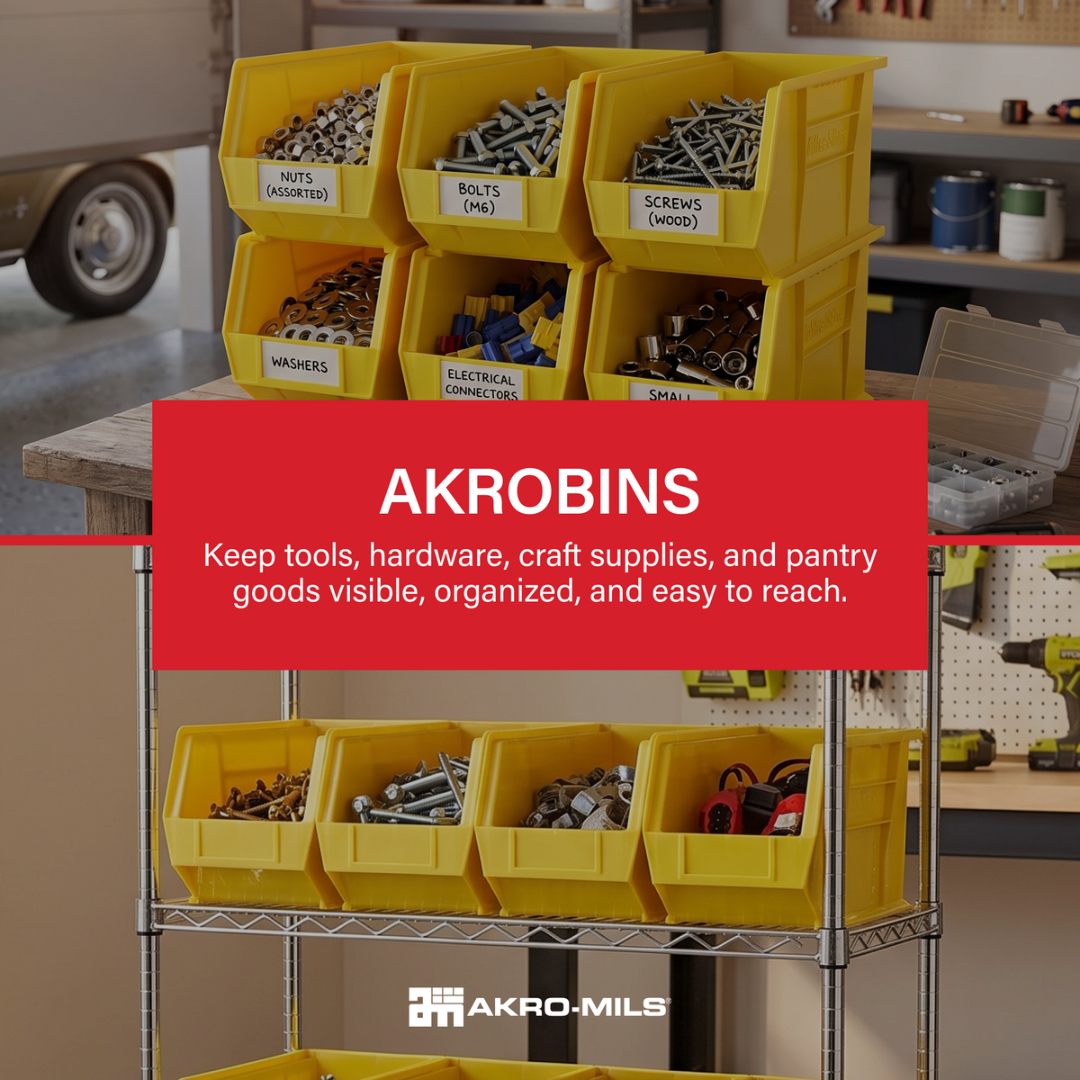 Akro-Mils 6pk AkroBins Plastic Bins, Space-Saving Organizers, Yellow (Open Box)