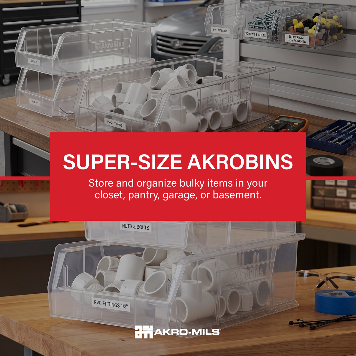 Akro-Mils 4 Pack AkroBins Plastic Storage Bins, Space-Saving Organizers, Clear