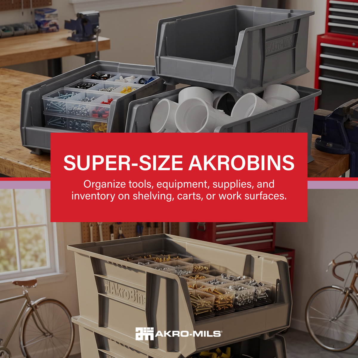 Akro-Mils 4 Pack Super-Size AkroBin Storage Bin, 20 x 12.375 x 8 Inch, Gray