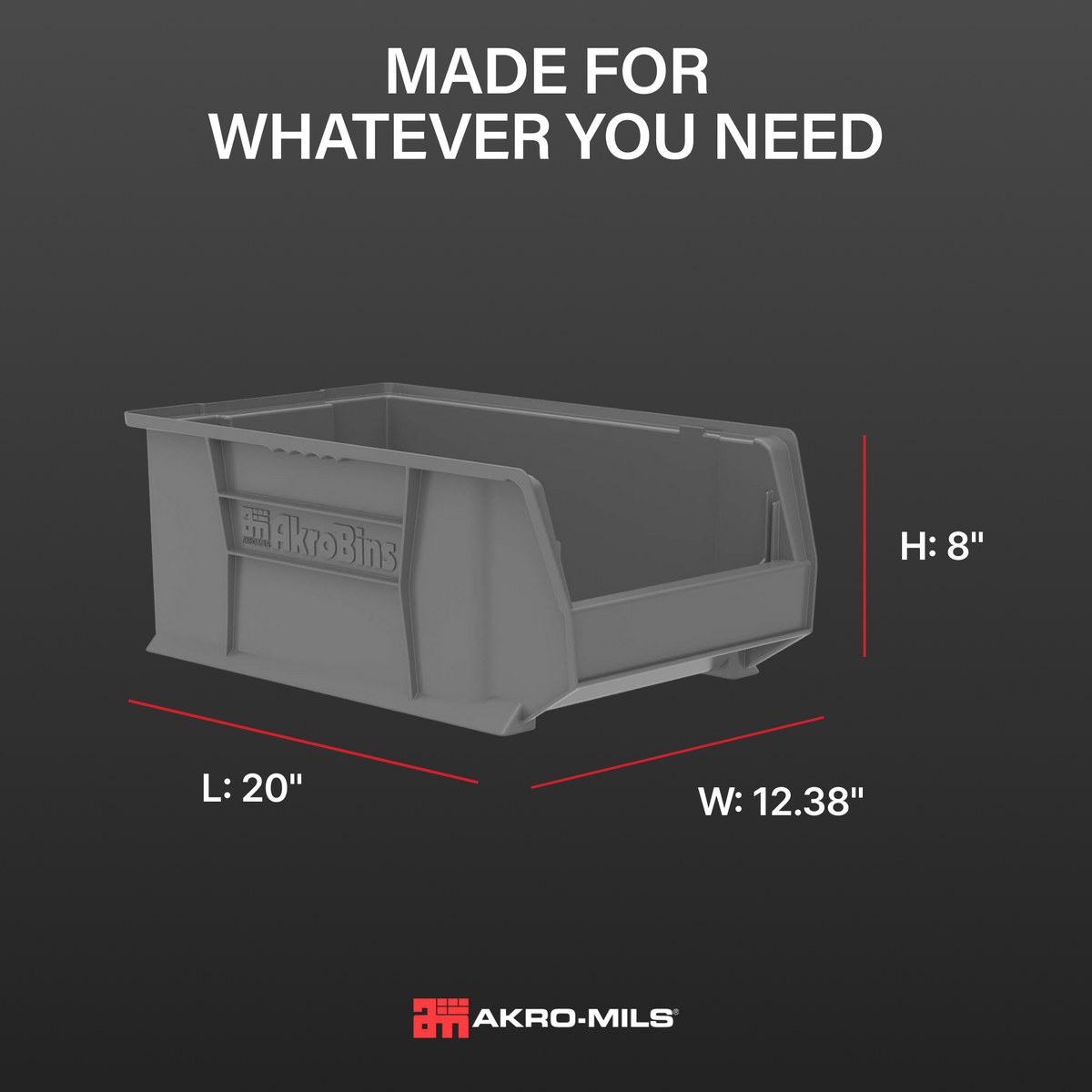 Akro-Mils 4 Pack Super-Size AkroBin Storage Bin, 20 x 12.375 x 8 Inch, Gray