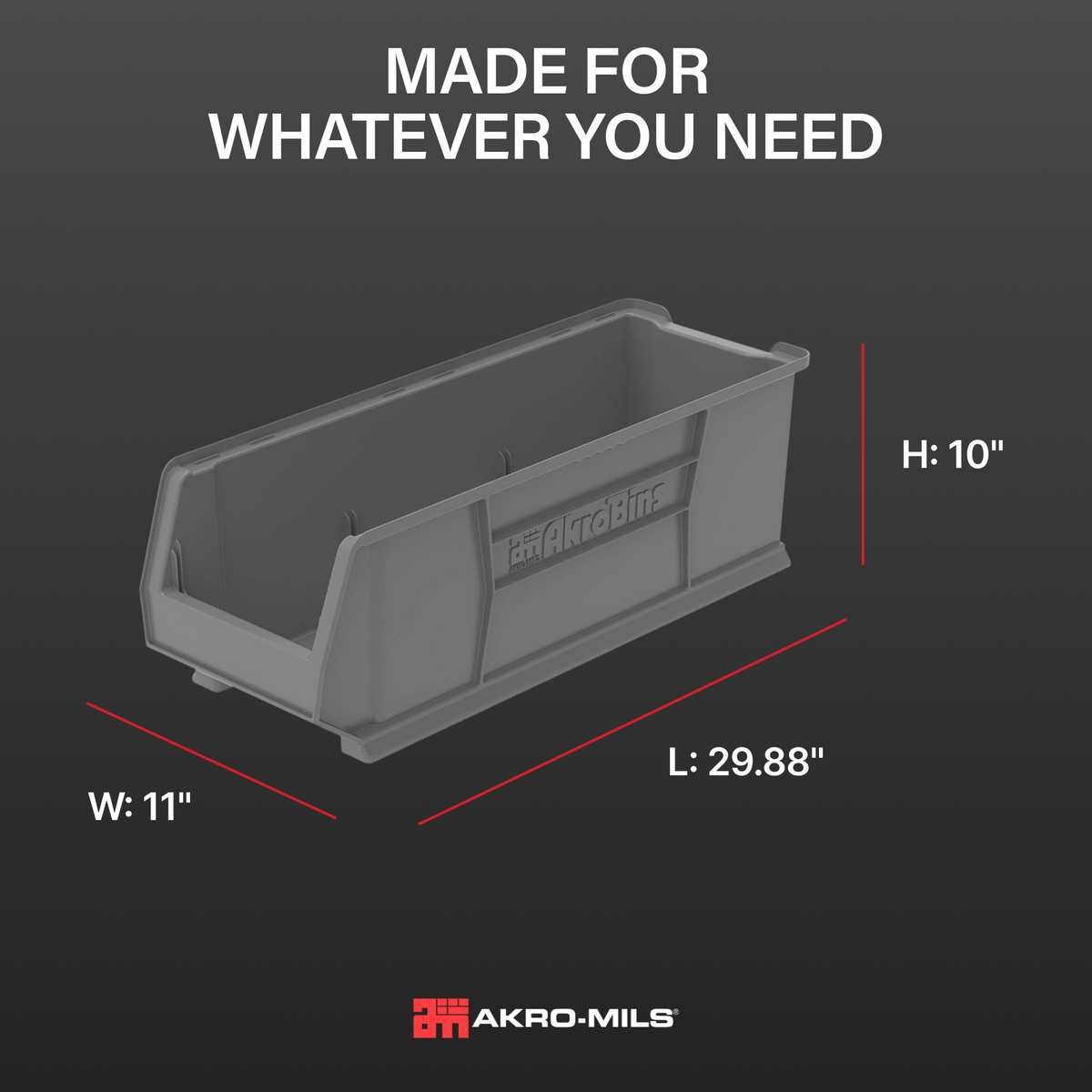Akro-Mils 4 Pack Super-Size AkroBin Storage Bin, 29.875 x 11 x 10 Inch, Gray