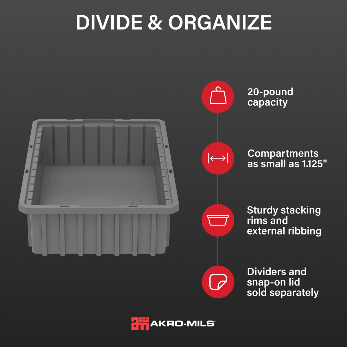 Akro-Mils 12 Pack Akro-Grid Dividable Storage Box, 16.5 x 10.875 x 4 Inch, Gray