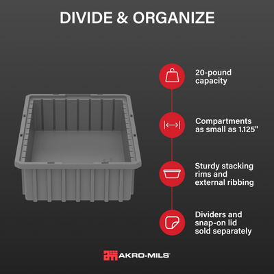 Akro-Mils 12 Pack Akro-Grid Dividable Storage Box, 16.5 x 10.875 x 4 Inch, Gray