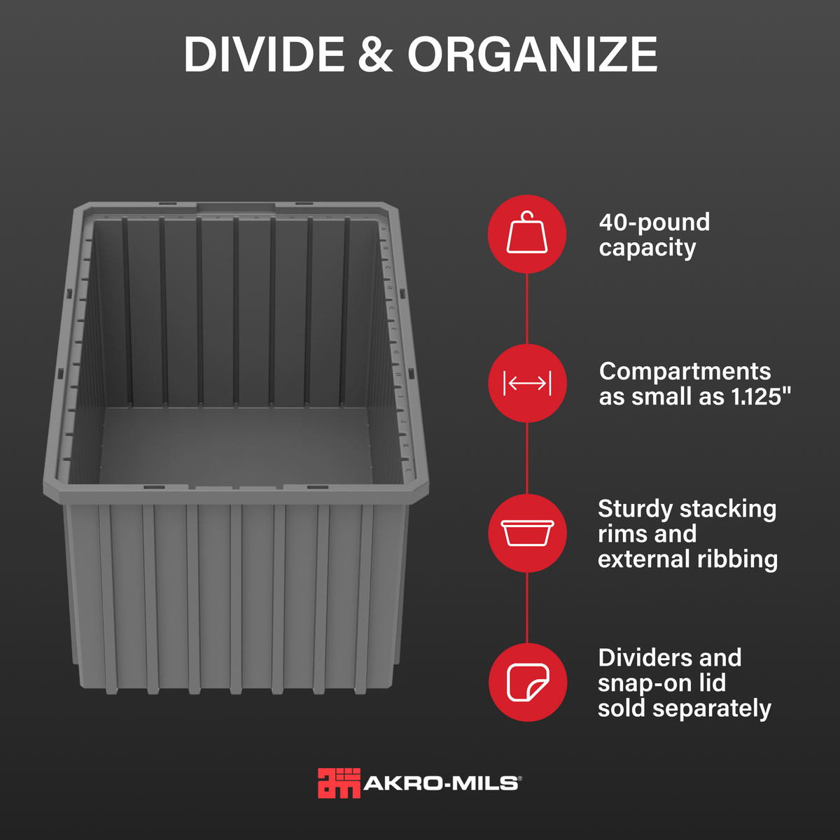 Akro-Mils 6 Pack Akro-Grid Dividable Storage Box, 16.5 x 10.875 x 8 Inch, Gray