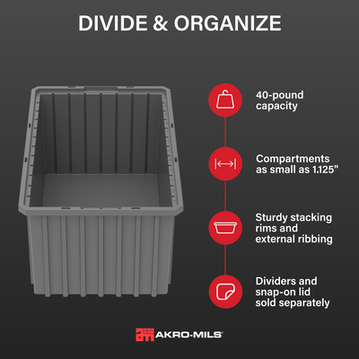 Akro-Mils 6 Pack Akro-Grid Dividable Storage Box, 16.5 x 10.875 x 8 Inch, Gray