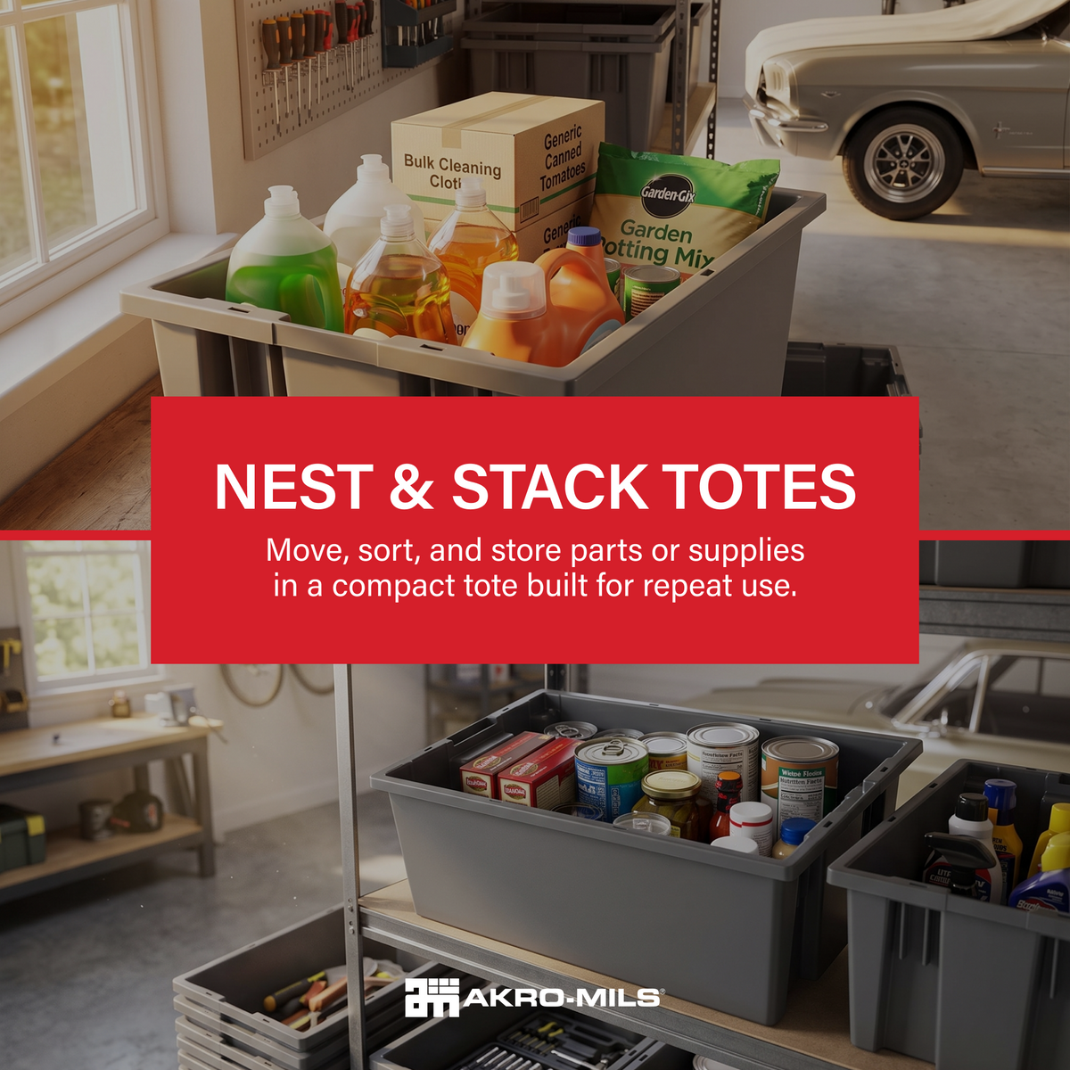 Akro-Mils 6 Pack Nest and Stack Plastic Storage Tote, 18" x 11" x 6", Grey
