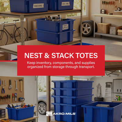 Akro-Mils 6 Pack Nest and Stack Plastic Storage Tote, 19.5" x 13.5" x 8", Blue