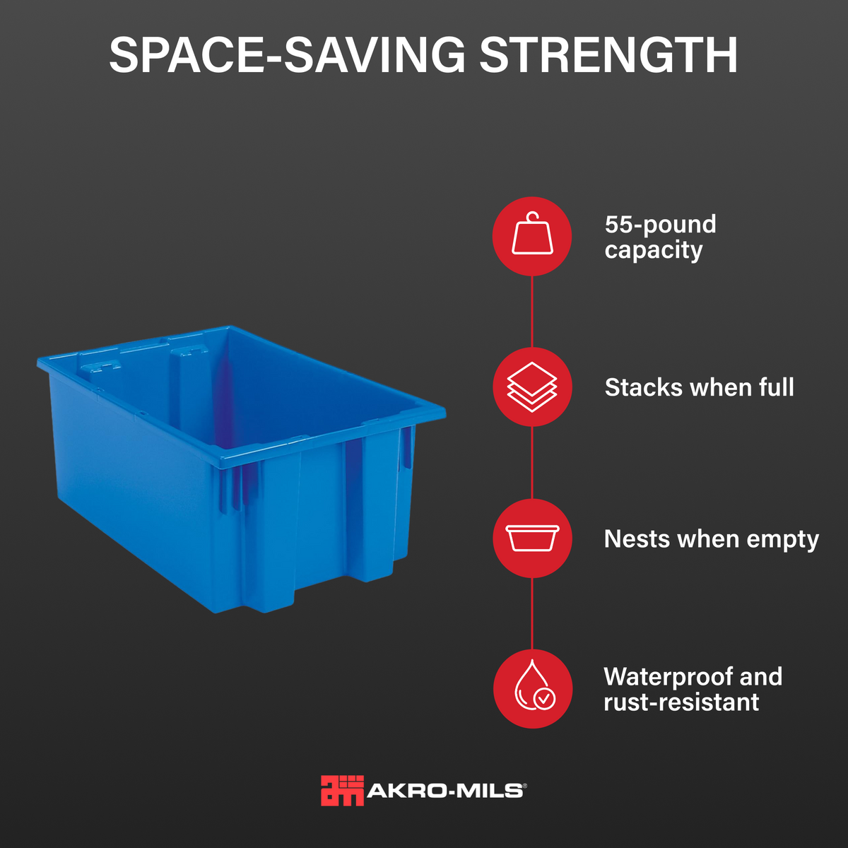 Akro-Mils 6 Pack Nest and Stack Plastic Storage Tote, 19.5" x 13.5" x 8", Blue