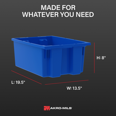 Akro-Mils 6 Pack Nest and Stack Plastic Storage Tote, 19.5" x 13.5" x 8", Blue