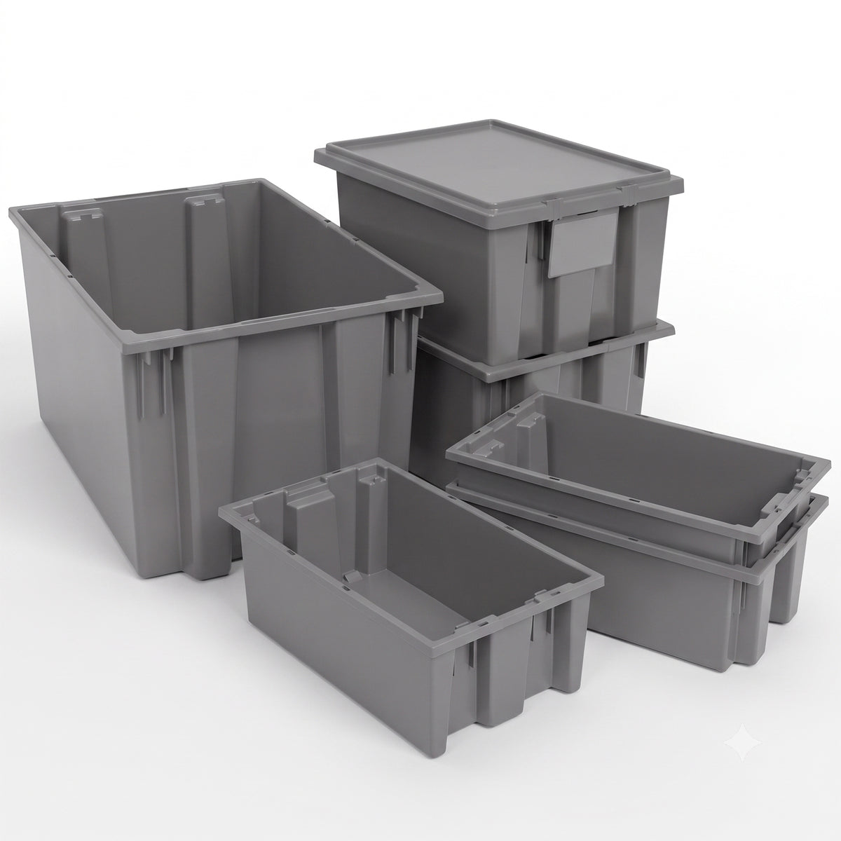 Akro-Mils 6 Pack Nest and Stack Plastic Storage Tote, 19.5" x 13.5" x 8", Grey