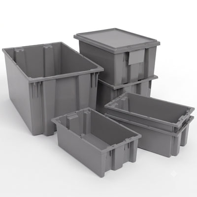 Akro-Mils 6 Pack Nest and Stack Plastic Storage Tote, 19.5" x 13.5" x 8", Grey