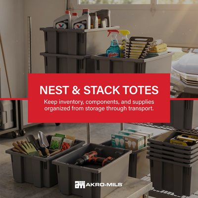 Akro-Mils 6 Pack Nest and Stack Plastic Storage Tote, 19.5" x 13.5" x 8", Grey