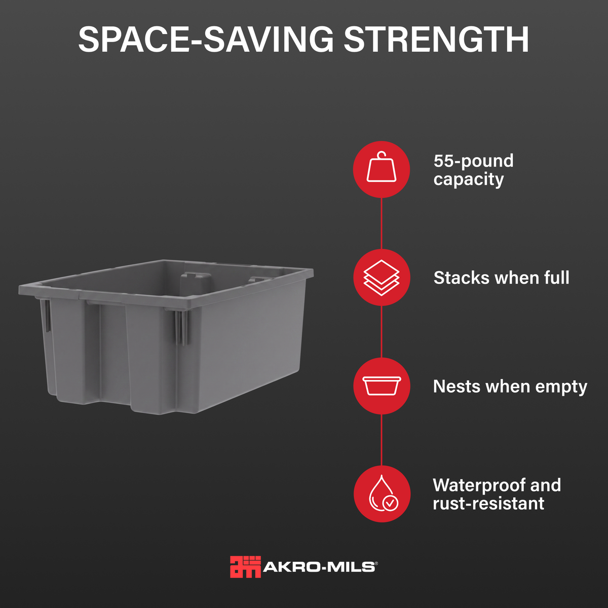 Akro-Mils 6 Pack Nest and Stack Plastic Storage Tote, 19.5" x 13.5" x 8", Grey