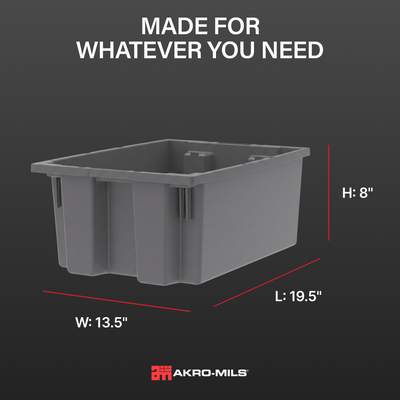 Akro-Mils 6 Pack Nest and Stack Plastic Storage Tote, 19.5" x 13.5" x 8", Grey