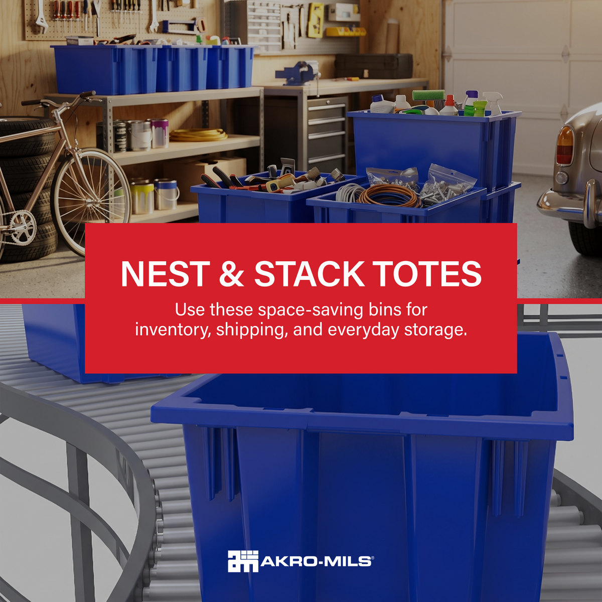 Akro-Mils 3 Pack Nest and Stack Plastic Storage Tote, 23.5" x 19.5" x 10", Blue