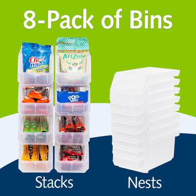 ReadySpace Medium Plastic Storage Bins, Stackable Organizer, Clear, 8 Pack - VMInnovations