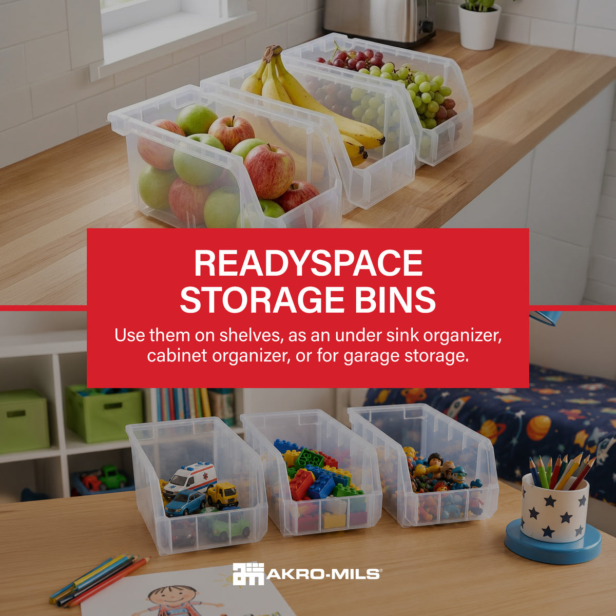 ReadySpace Medium Plastic Storage Bins, Stackable Organizer, Clear (Open Box) - VMInnovations