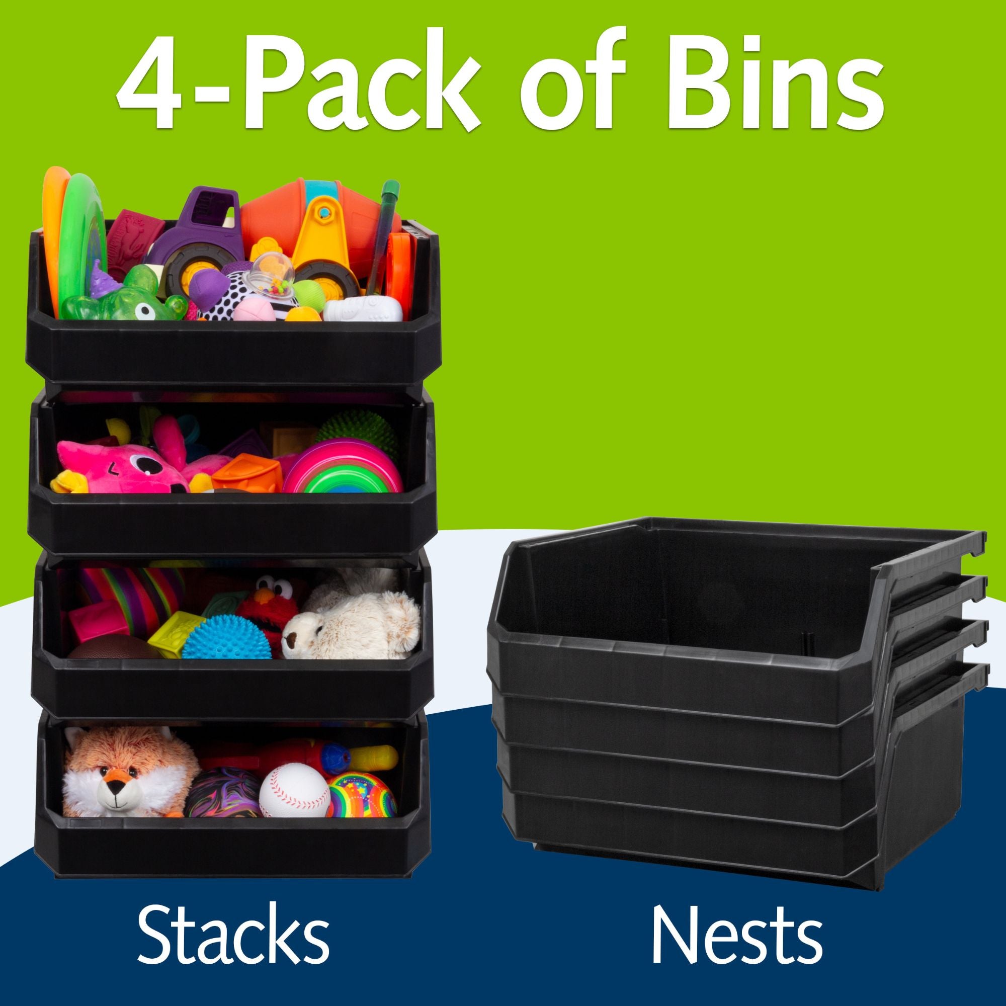 ReadySpace XL Plastic Storage Bins, Stackable Organizer, Black, 4pk (Open Box)
