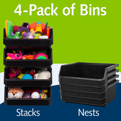 ReadySpace XL Plastic Storage Bins, Stackable Organizer, Black, 4pk (Open Box)