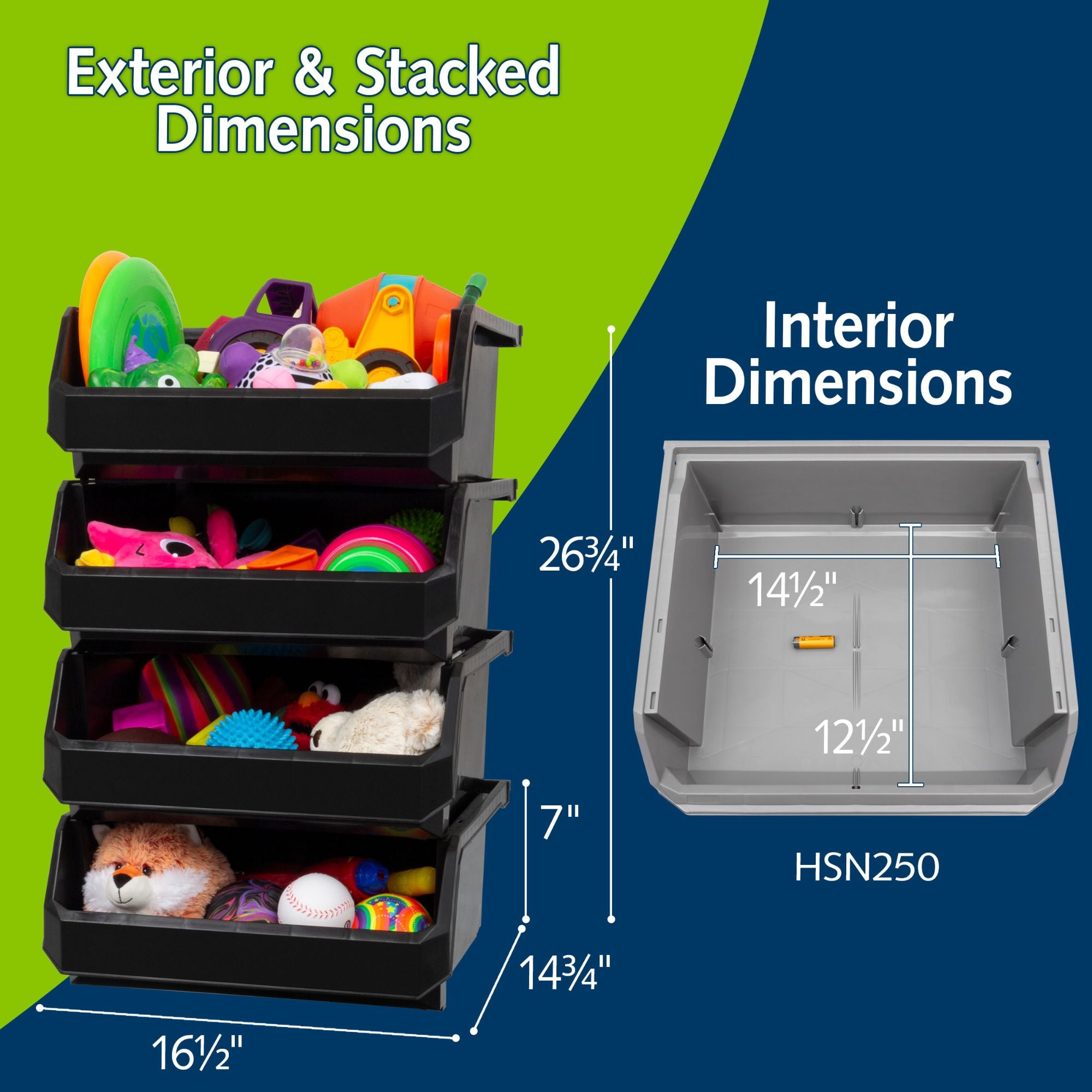 ReadySpace XL Plastic Storage Bins, Stackable Organizer, Black, 4pk (Open Box)
