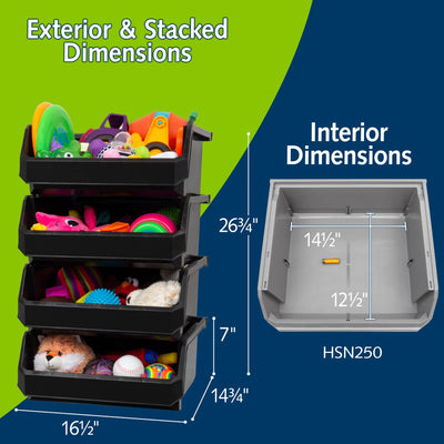 ReadySpace XL Plastic Storage Bins, Stackable Organizer, Black, 4pk (Open Box)