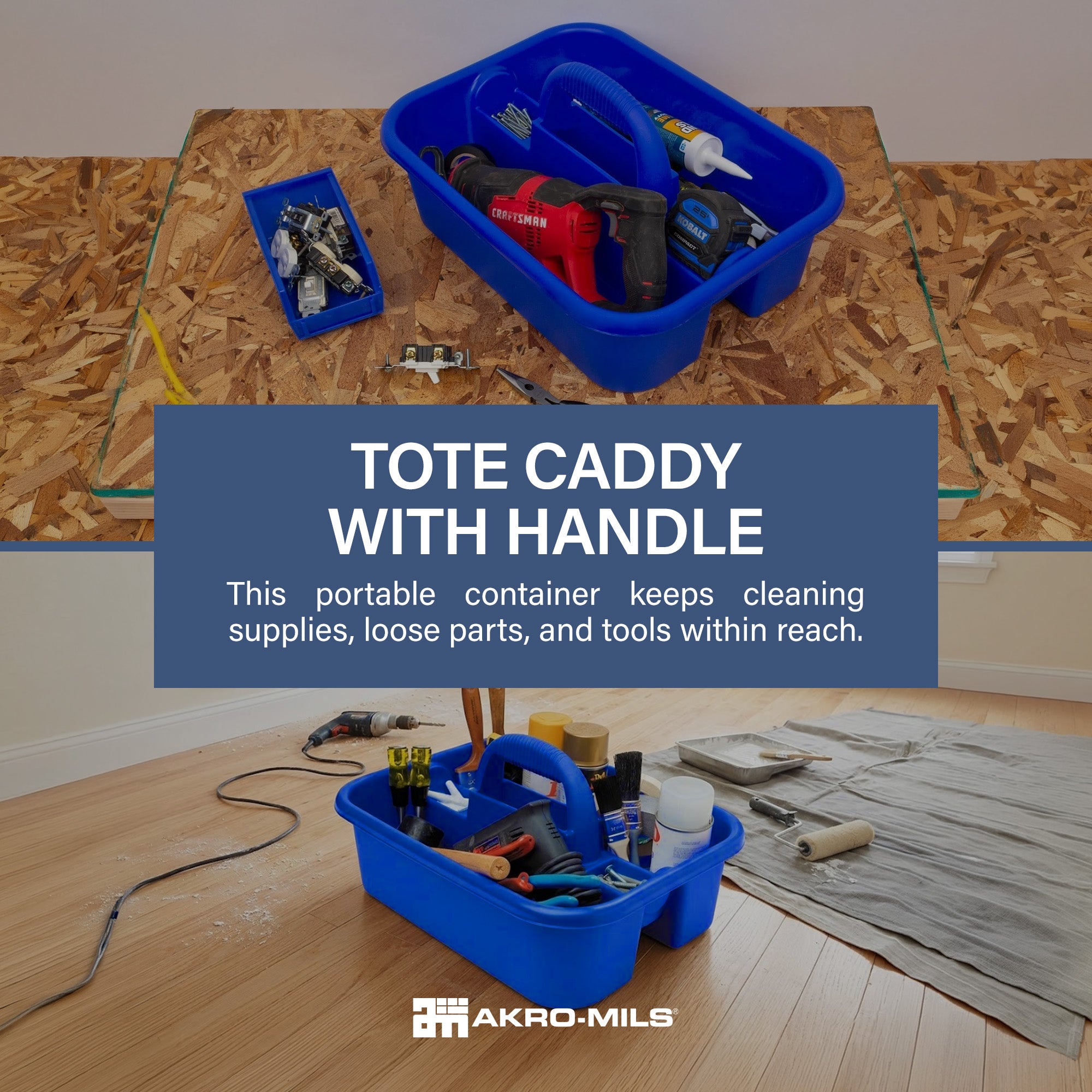 Akro-Mils Plastic Tool Tote Organizer Caddy w/ Handle & Dual Compartments, Blue - VMInnovations