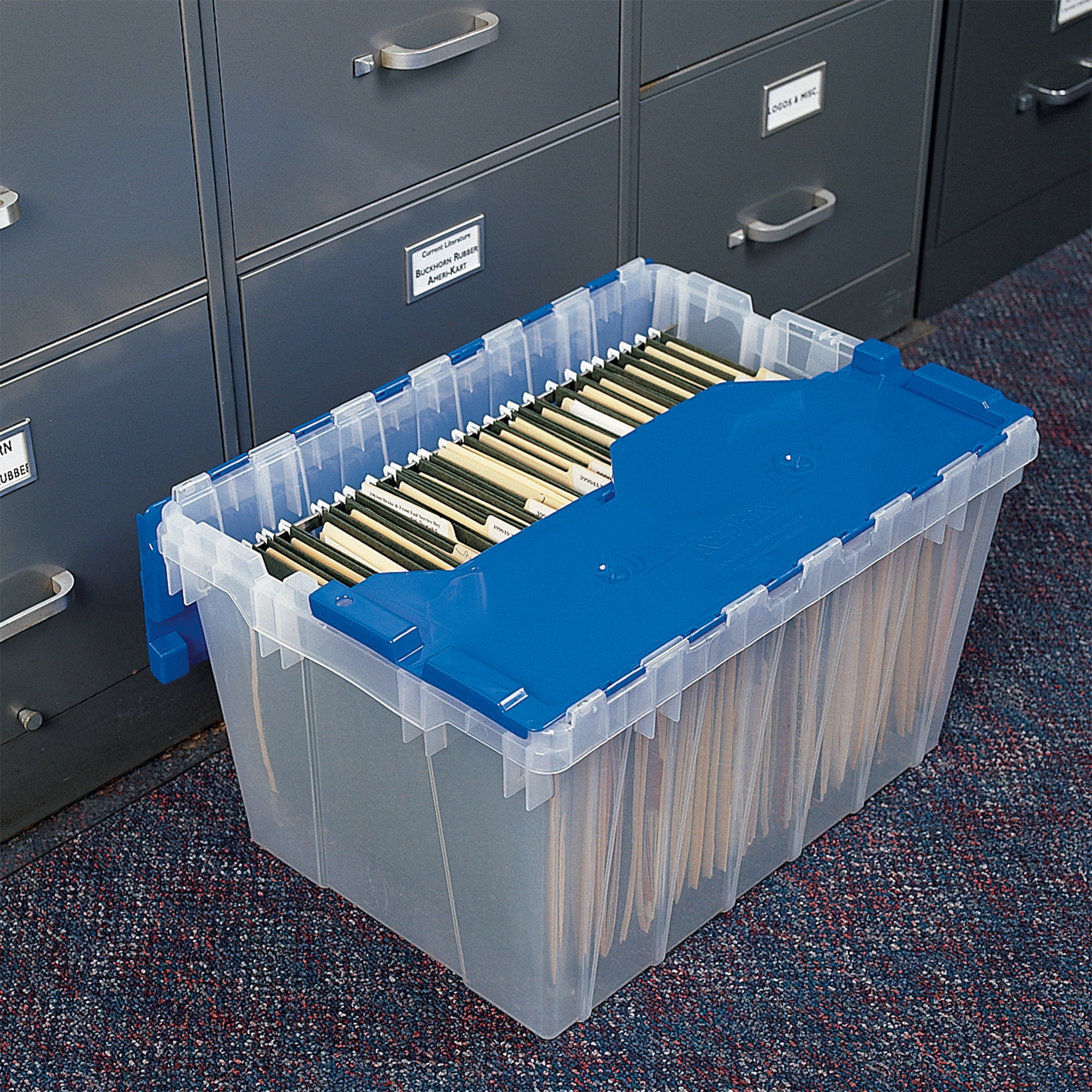Akro-Mils KeepBox 12 Gal Plastic Storage Bin, Stackable Tote w/ Lid, Clear/Blue - VMInnovations