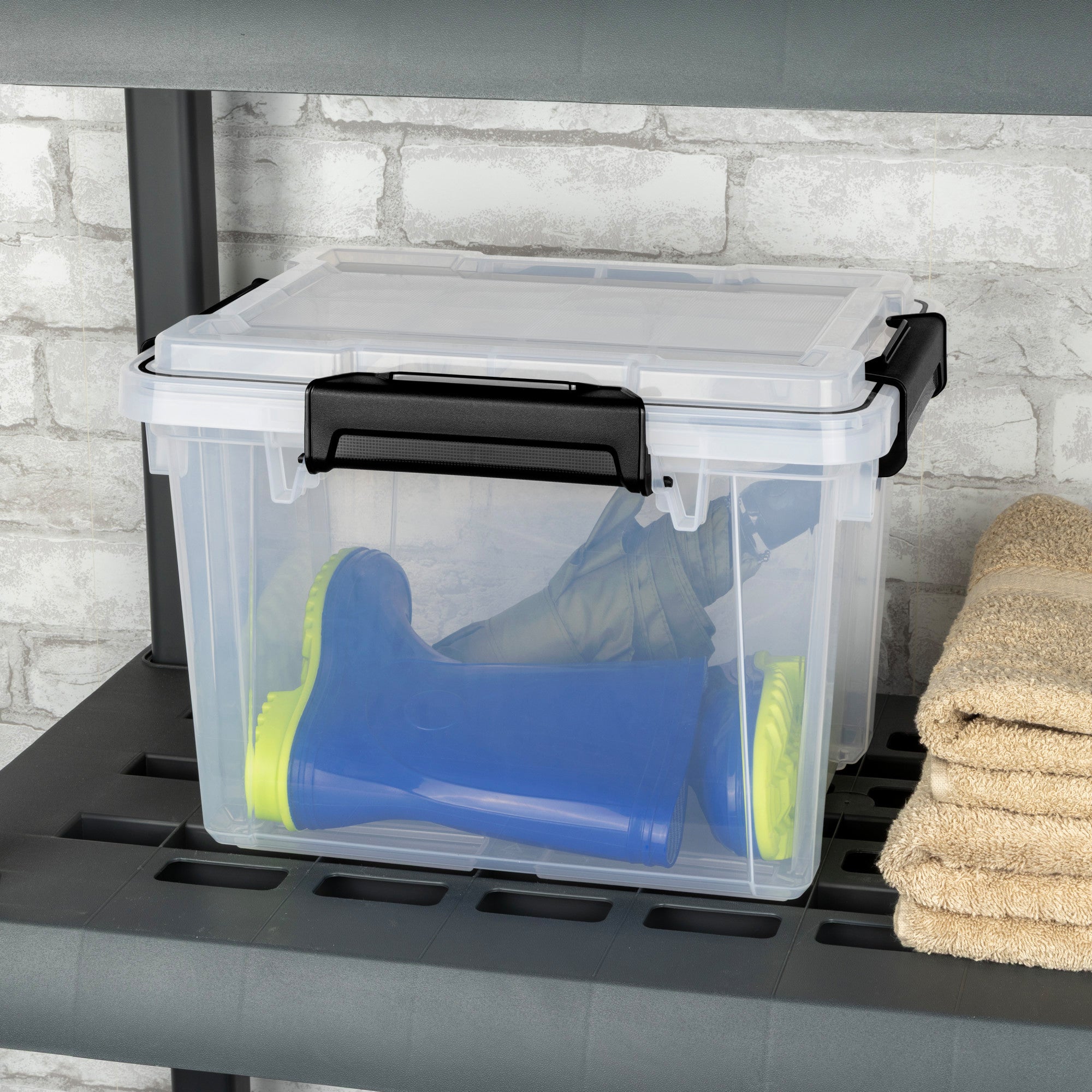 Sterilite 19Qt Gasket Box, Stackable Storage Container with Lids, Black, 18 Pack