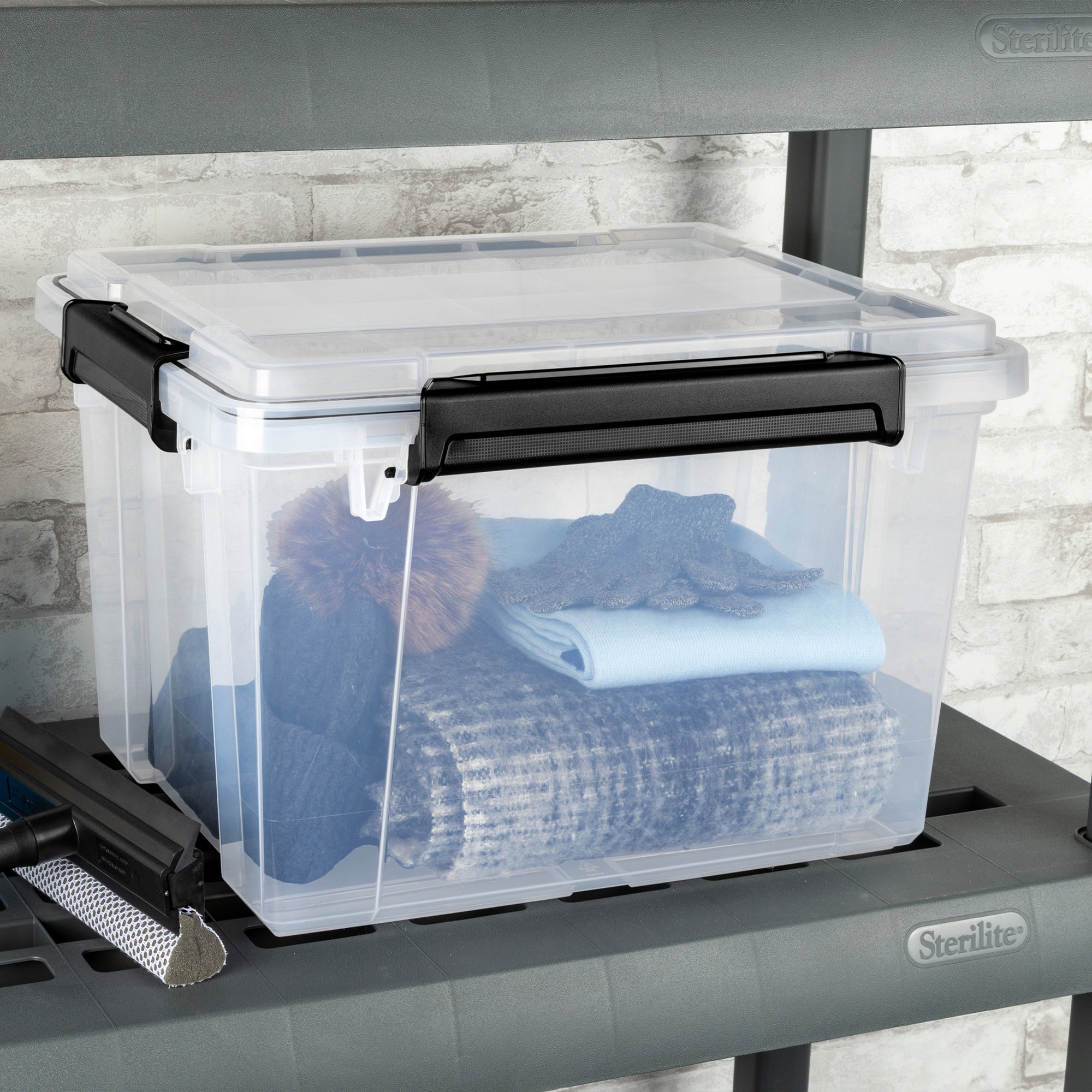 Sterilite 34 Qt Gasket Box, Stackable Storage Container with Lids, Black, 8 Pack