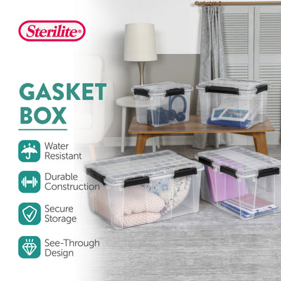 Sterilite 54 Qt Gasket Box, Stackable Storage Container with Lids, Black, 8 Pack