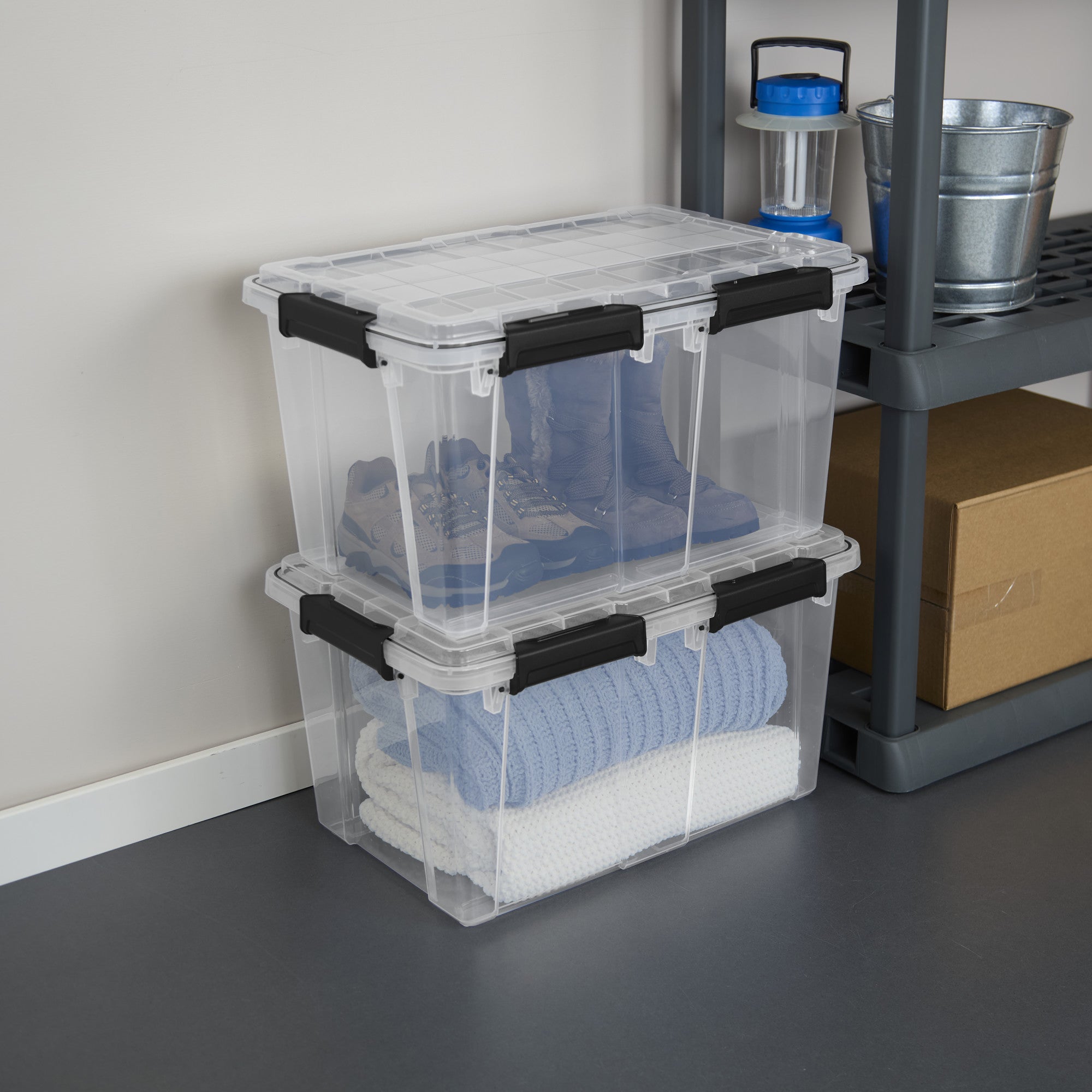 Sterilite 54 Qt Gasket Box, Stackable Storage Container with Lids, Black, 8 Pack