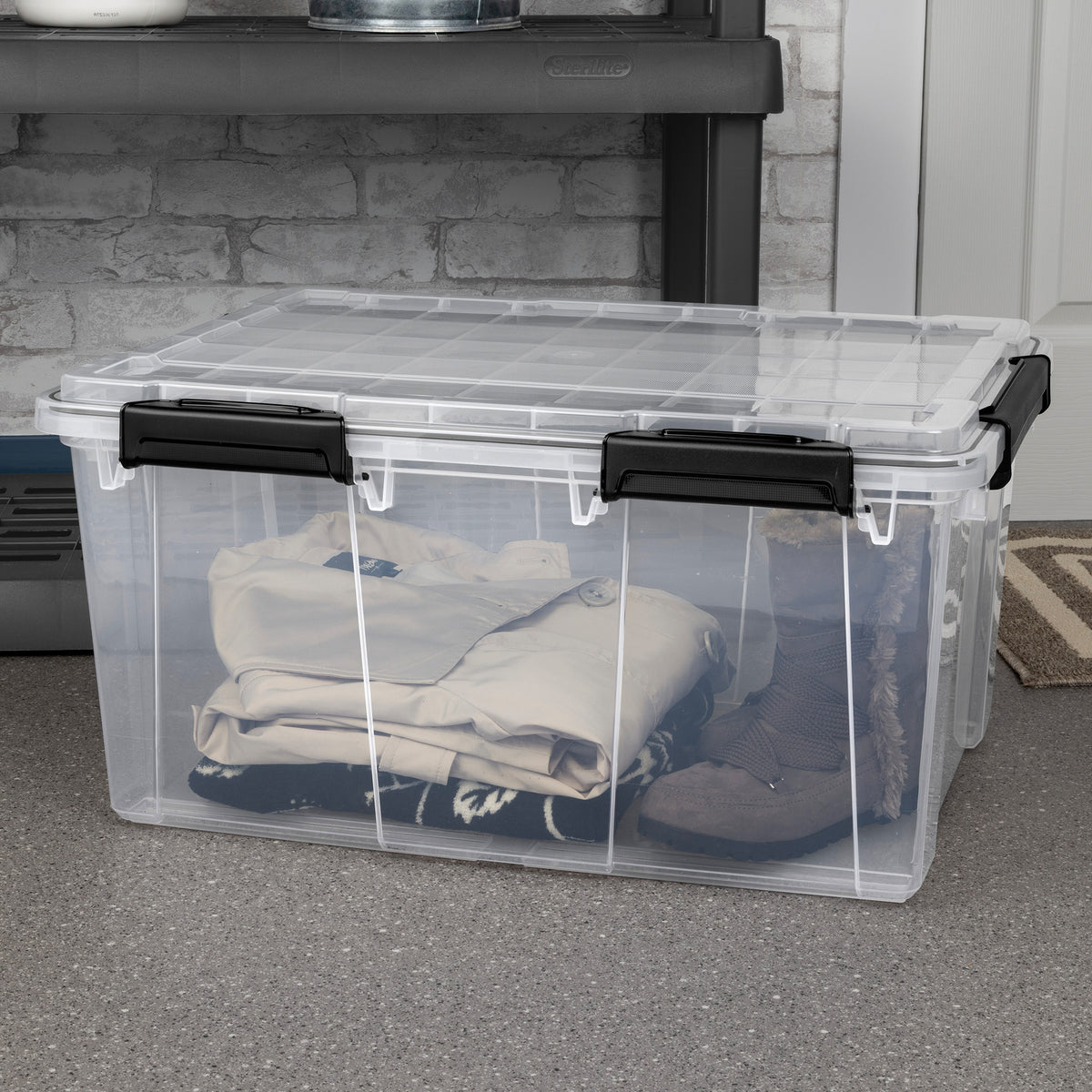 Sterilite 80Qt Gasket Box, Stackable Storage Container with Lids, Black, 12 Pack