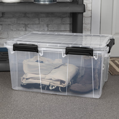 Sterilite 80 Qt Gasket Box, Stackable Storage Container with Lids, Black, 8 Pack