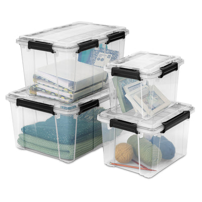 Sterilite 80 Qt Gasket Box, Stackable Storage Container with Lids, Black, 8 Pack