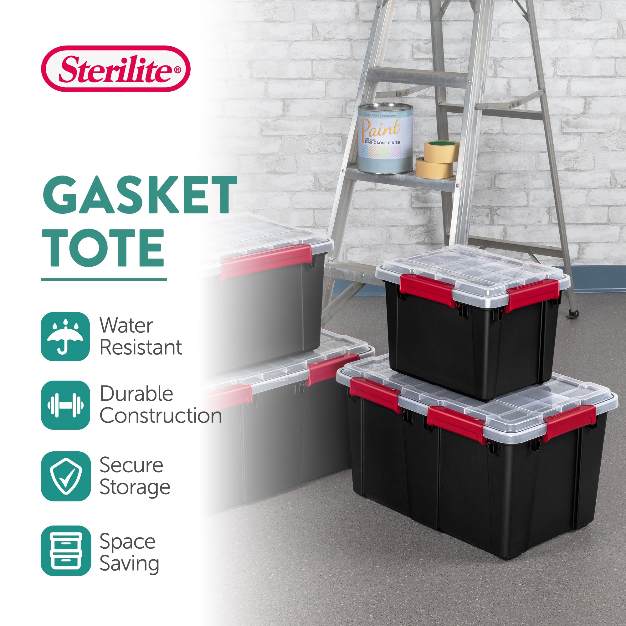 Sterilite 5 Gal Gasket Box, Stackable Storage Container with Lid, Black, 6 Pack