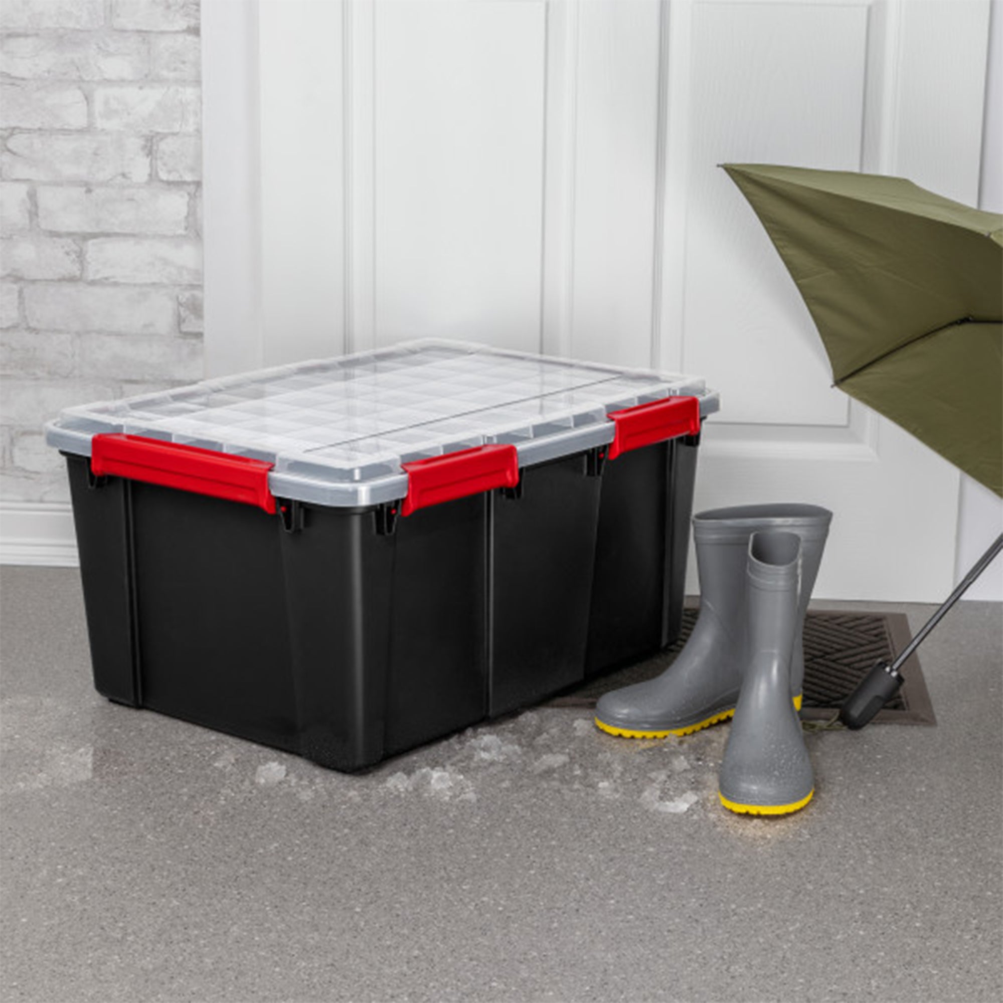 Sterilite 20 Gal Gasket Box, Stackable Storage Container w/ Lid, Black, 16 Pack
