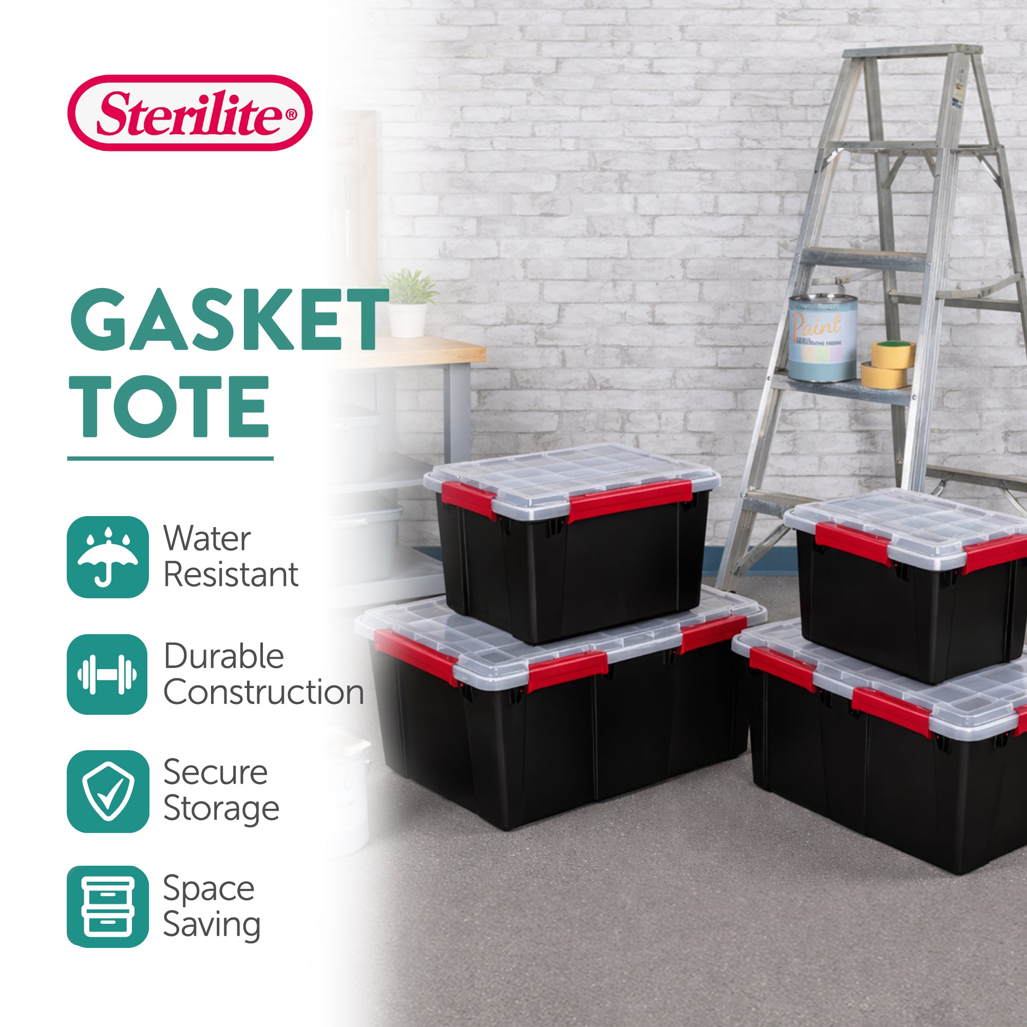 Sterilite 20 Gal Gasket Box, Stackable Storage Container w/ Lid, Black, 12 Pack