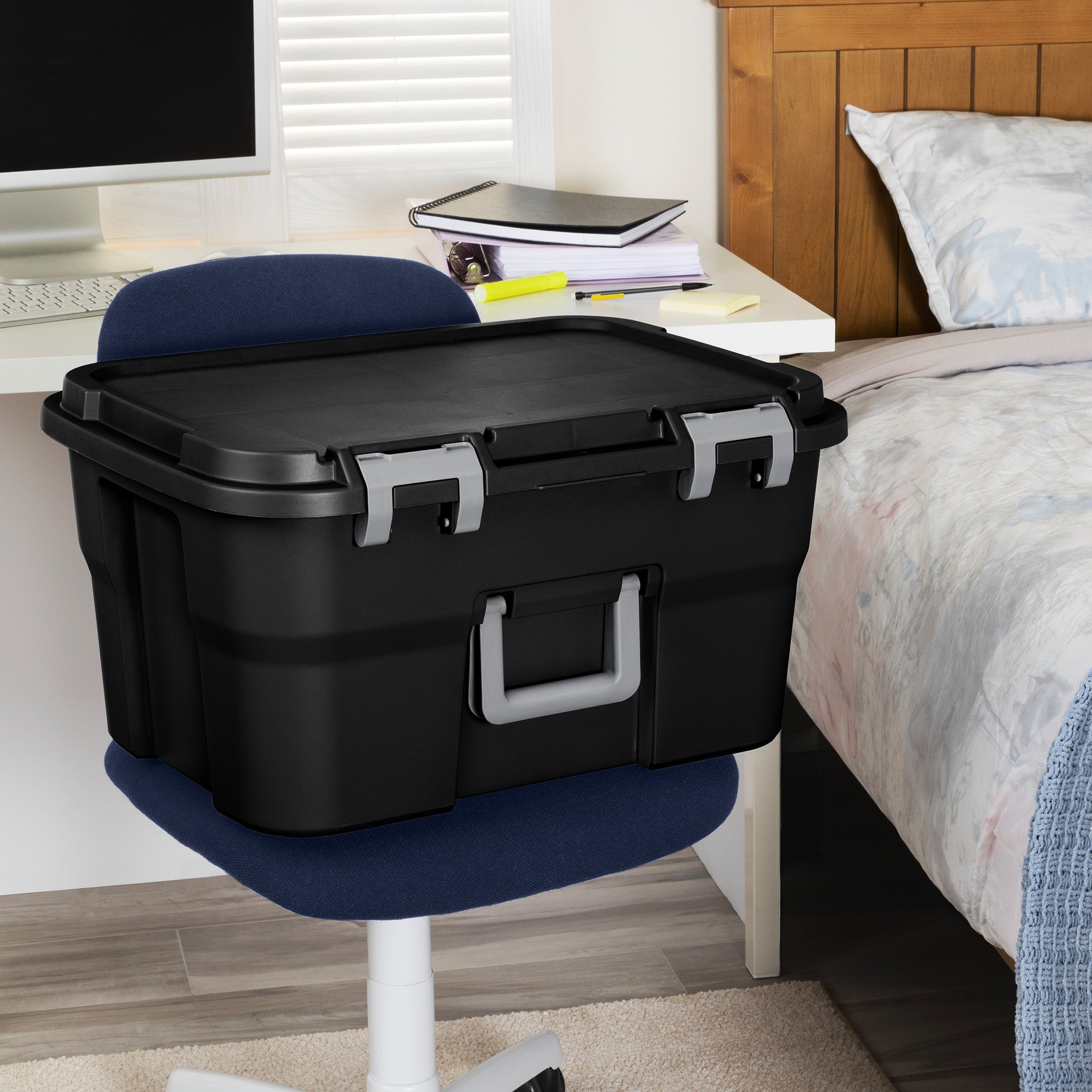 Sterilite Footlocker, 14 Gal Plastic Storage Container with Lid, Black, 8 Pack