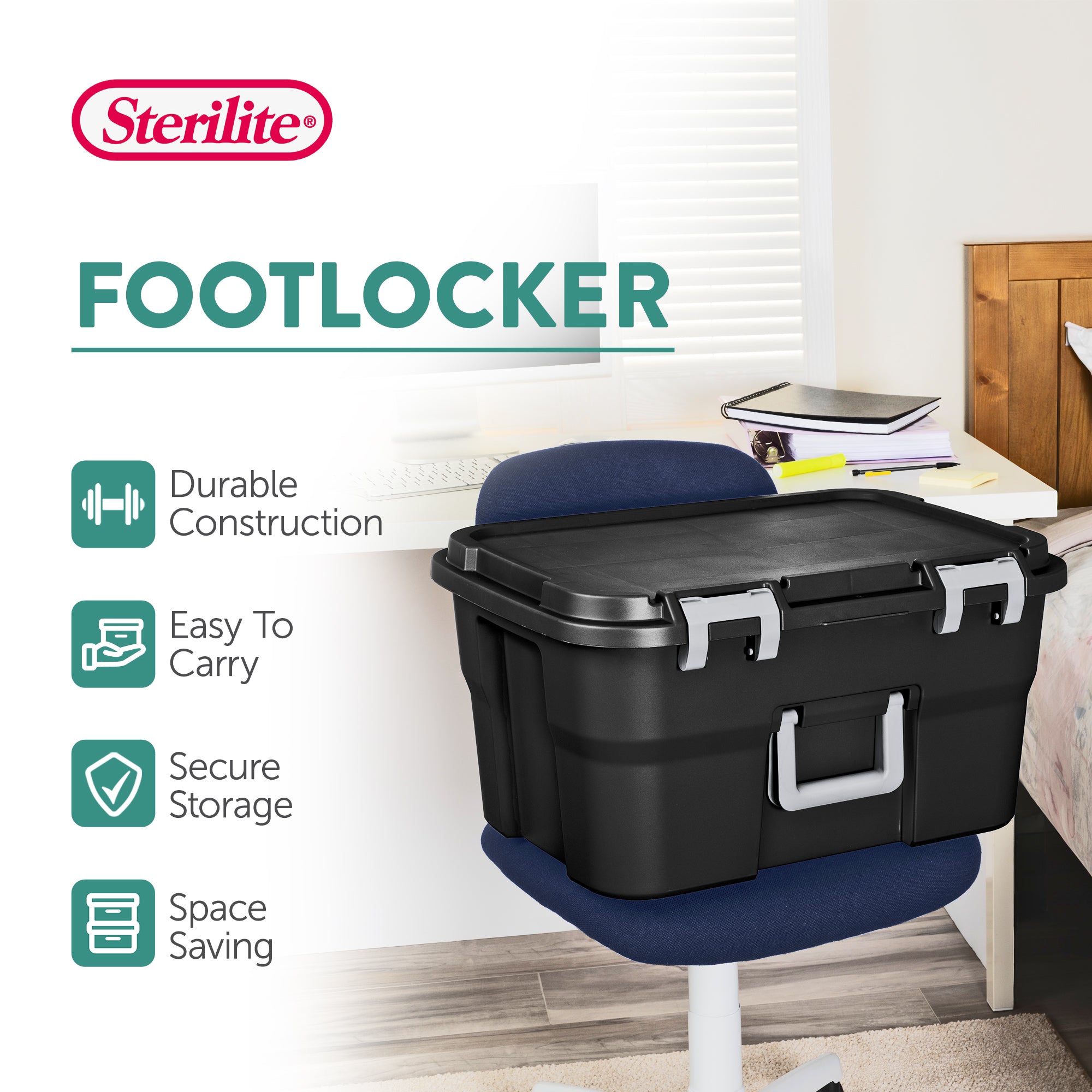 Sterilite Footlocker, 14 Gal Plastic Storage Container with Lid, Black, 8 Pack