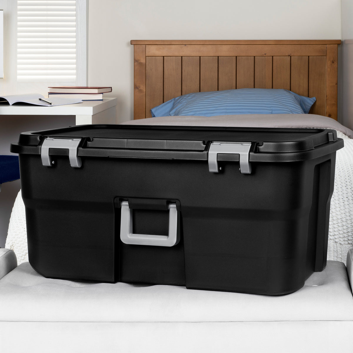 Sterilite Wheeled Footlocker, 22 Gal Storage Container with Lid, Black, 4 Pack