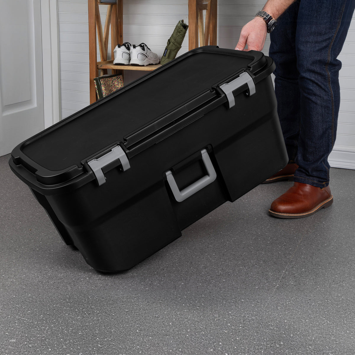 Sterilite Wheeled Footlocker, 22 Gal Storage Container with Lid, Black, 4 Pack