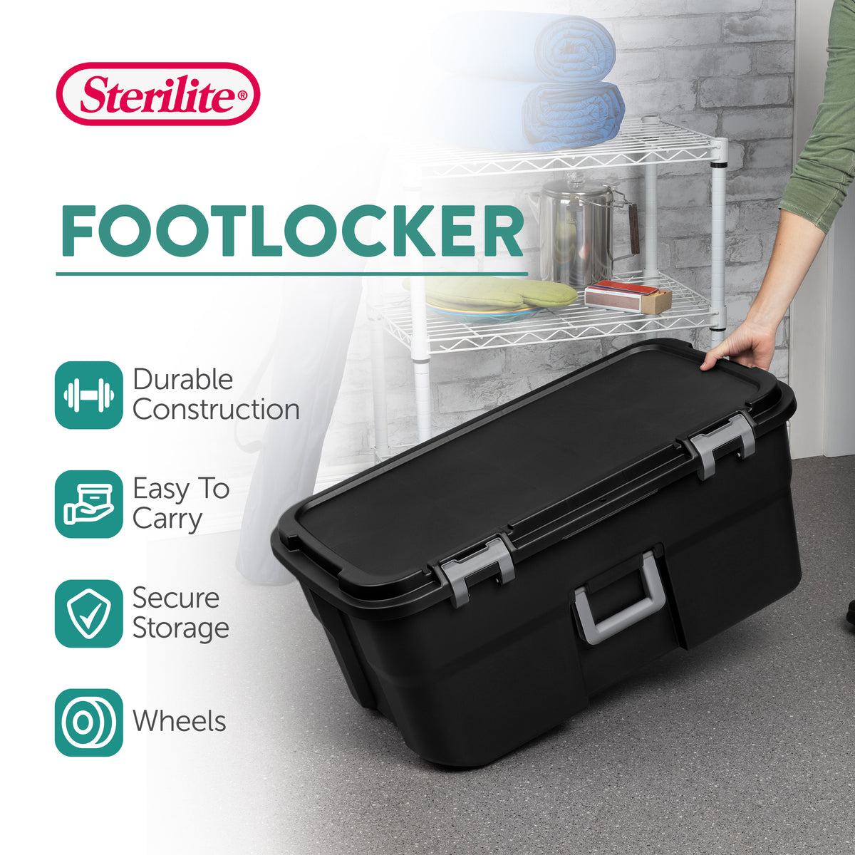 Sterilite Wheeled Footlocker, 22 Gal Storage Container with Lid, Black, 4 Pack
