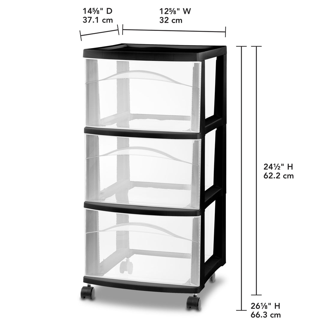 Sterilite 3 Drawer Storage Cart, Plastic Rolling Medium Organizer, Black, 2 Pack - VMInnovations